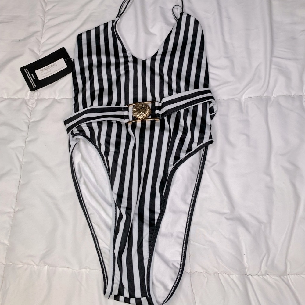 Stripped One Piece Bathing Suit w/ belt